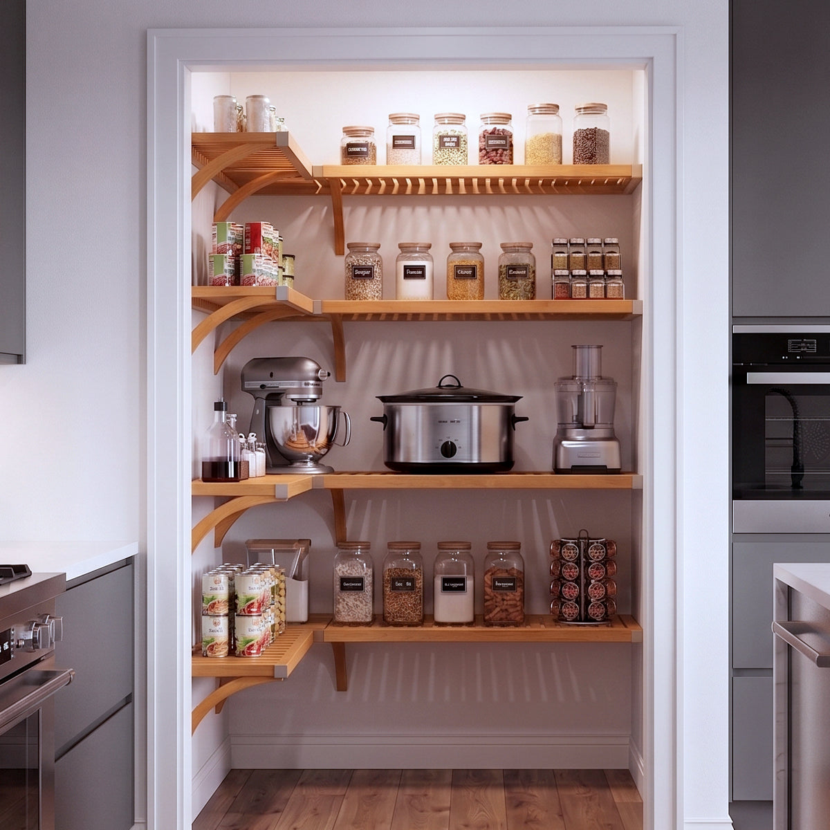 A small L shaped walk-in pantry with four levels of honey maple solid wood shelving filled with grocery items.