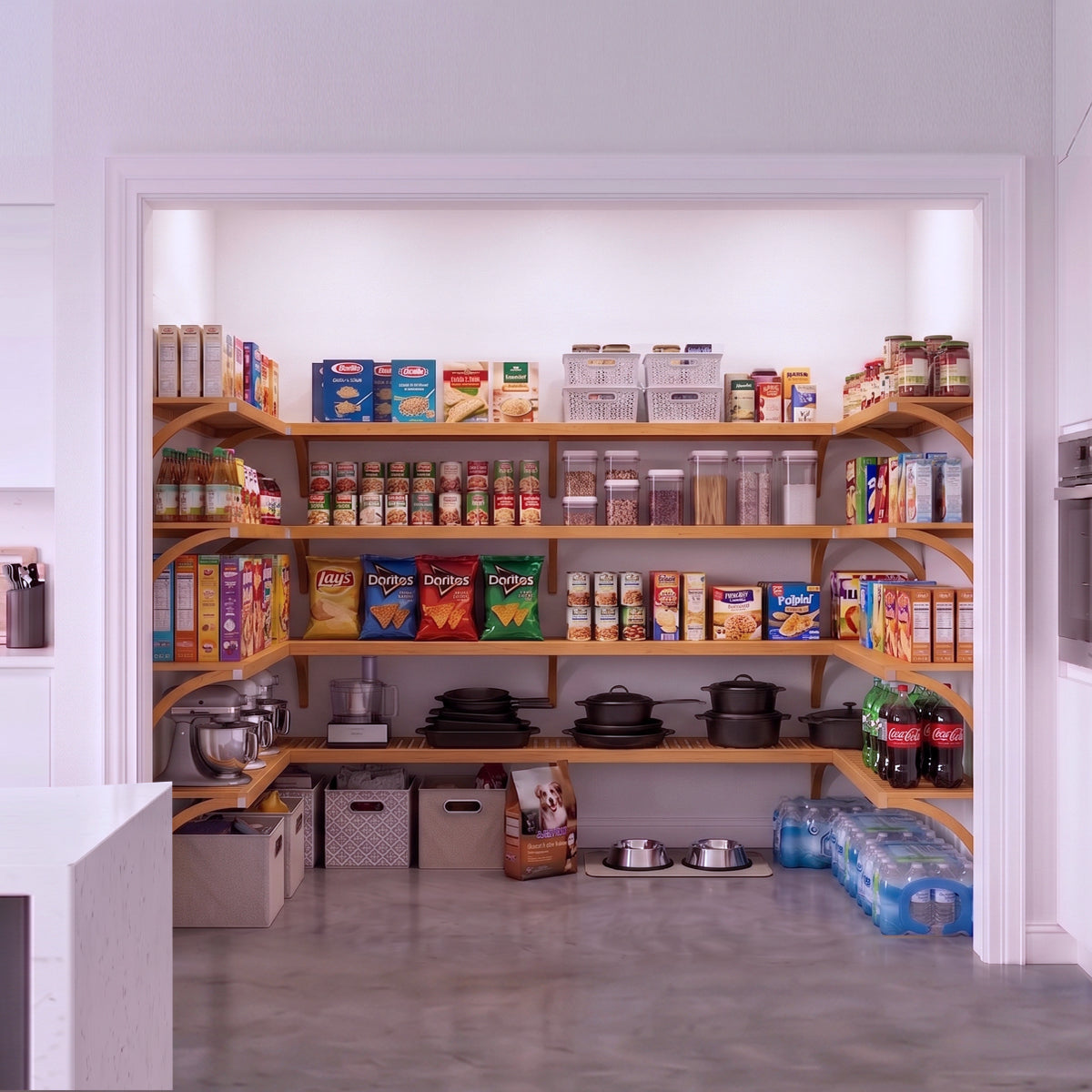 An organized large walk-in pantry with 4 levels of U shaped pantry shelving in a honey maple finish fully stocked with groceries.