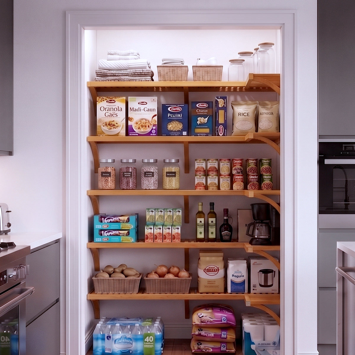 A small L shaped walk-in pantry with 5 levels of honey maple solid wood shelving filled with grocery items.