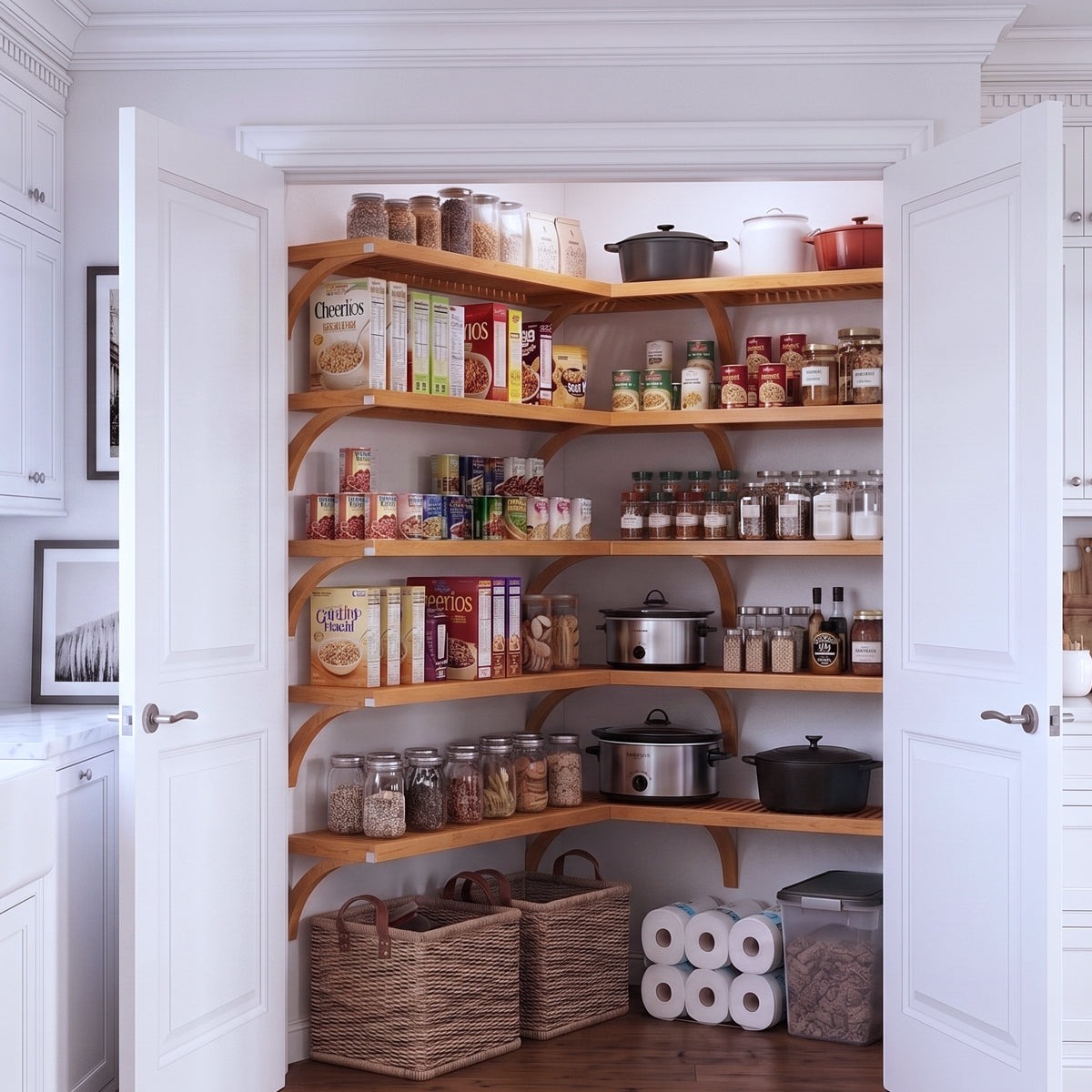 A fully stocked L shaped walk-in pantry with 5 tiers of honey maple solid wood shelves filled with kitchen appliances and grocery foods.