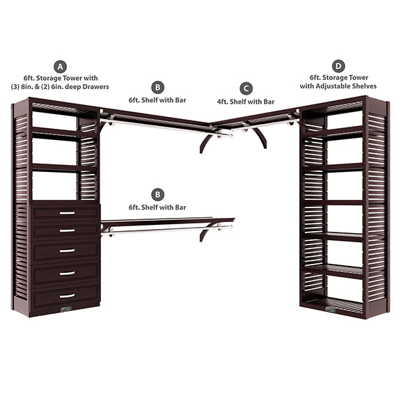 Espresso L Shaped Walk In Closet Organizer with 5 Drawers Parts Included