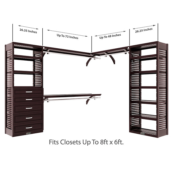 Espresso L Shaped Walk In Closet Organizer with 5 Drawers Size Dimensions