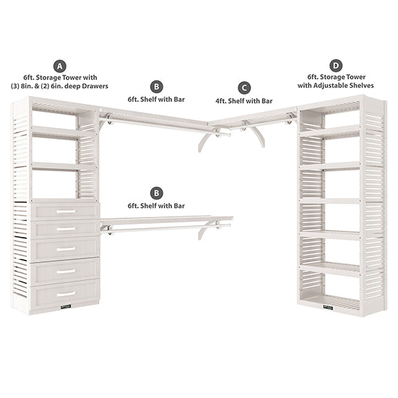 White L Shaped Walk In Closet Organizer with 5 Drawers Parts Included