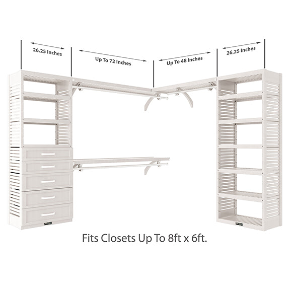 White L Shaped Walk In Closet Organizer with 5 Drawers Size Dimensions
