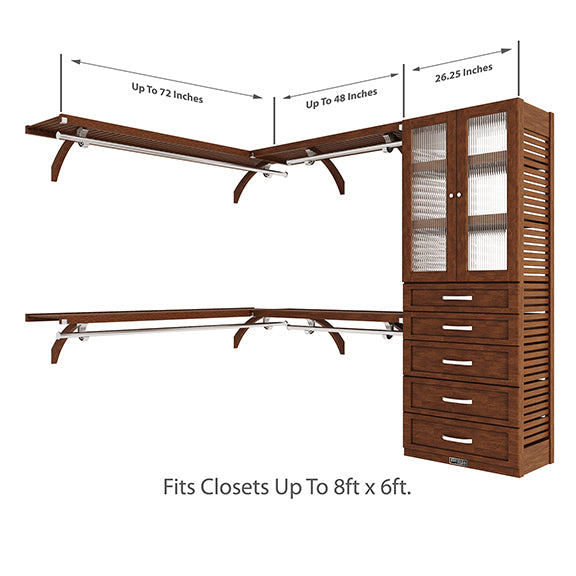 Chestnut L Shaped Walk In Closet Organizer with Drawers and doors Size Dimensions