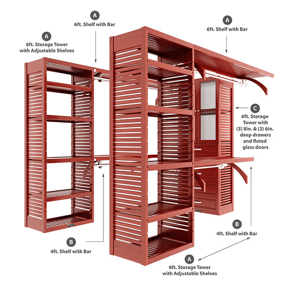 Red mahogany U shaped walk-in closet organizer with drawers, doors parts included
