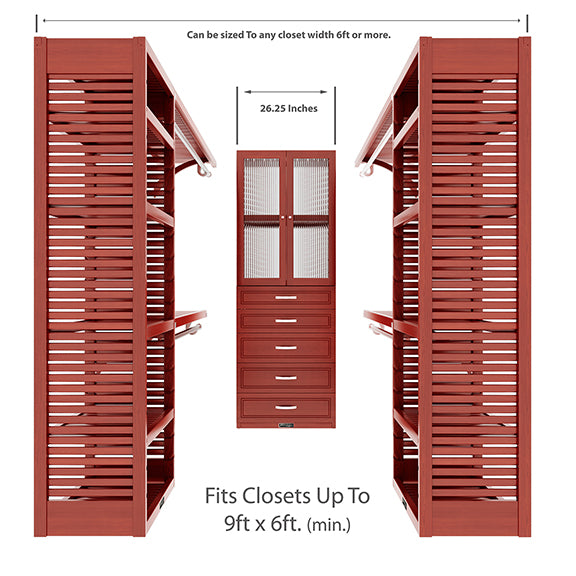 Red mahogany U shaped walk-in closet organizer with drawers, doors front view size dimensions