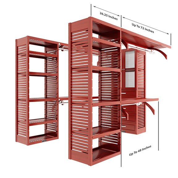 Red Mahogany U shaped walk-in closet organizer with drawers, doors size dimensions