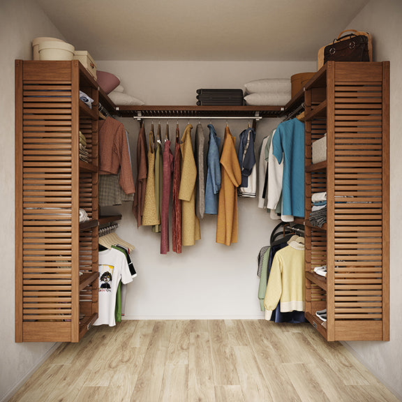 Chestnut U shaped walk-in closet organizer with shelves and hanging clothes