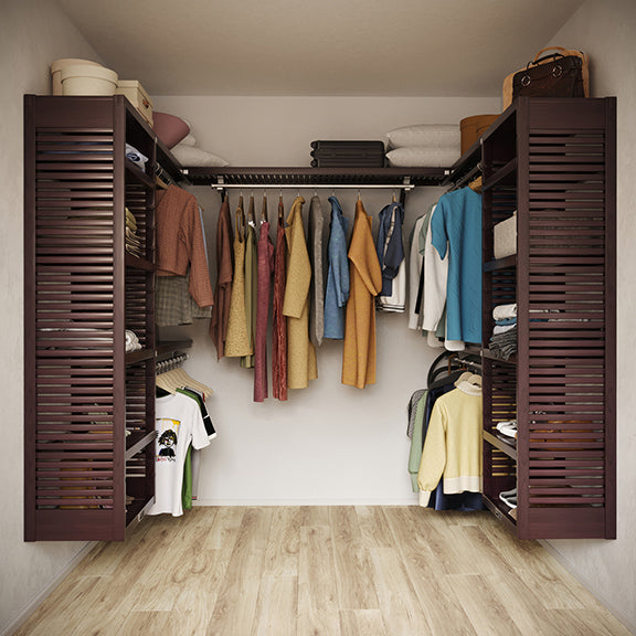 Espresso U shaped walk-in closet organizer with shelves and hanging clothes