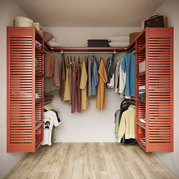 Red mahogany U shaped walk-in closet organizer with shelves and hanging clothes