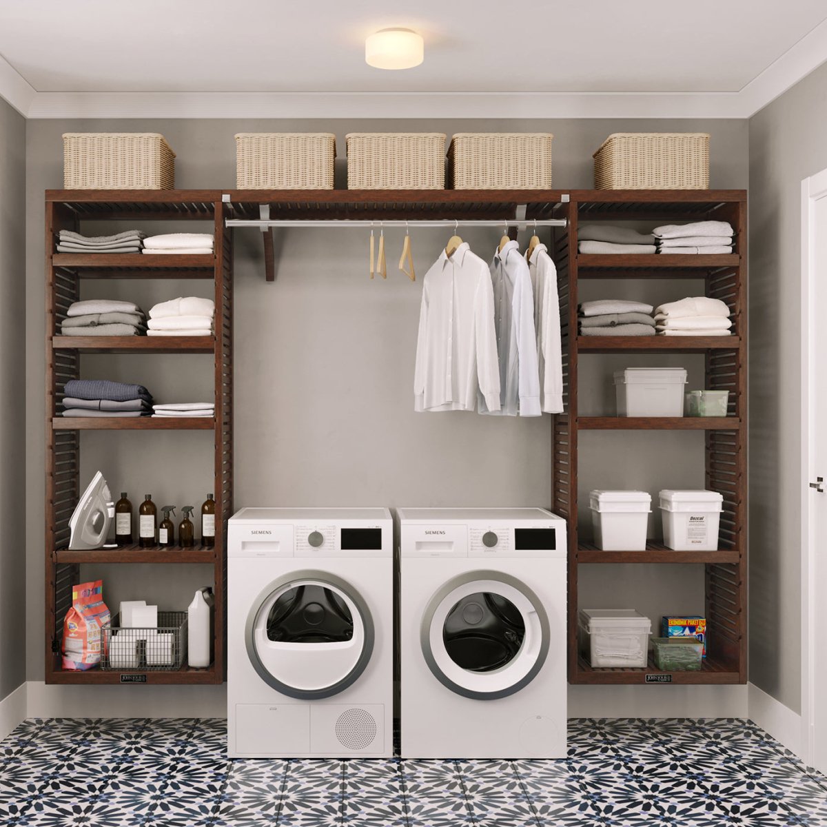 Solid Wood 10 ft. Laundry Organizer with Shelf Towers and Hanging - John Louis Home - Laundry Organizer