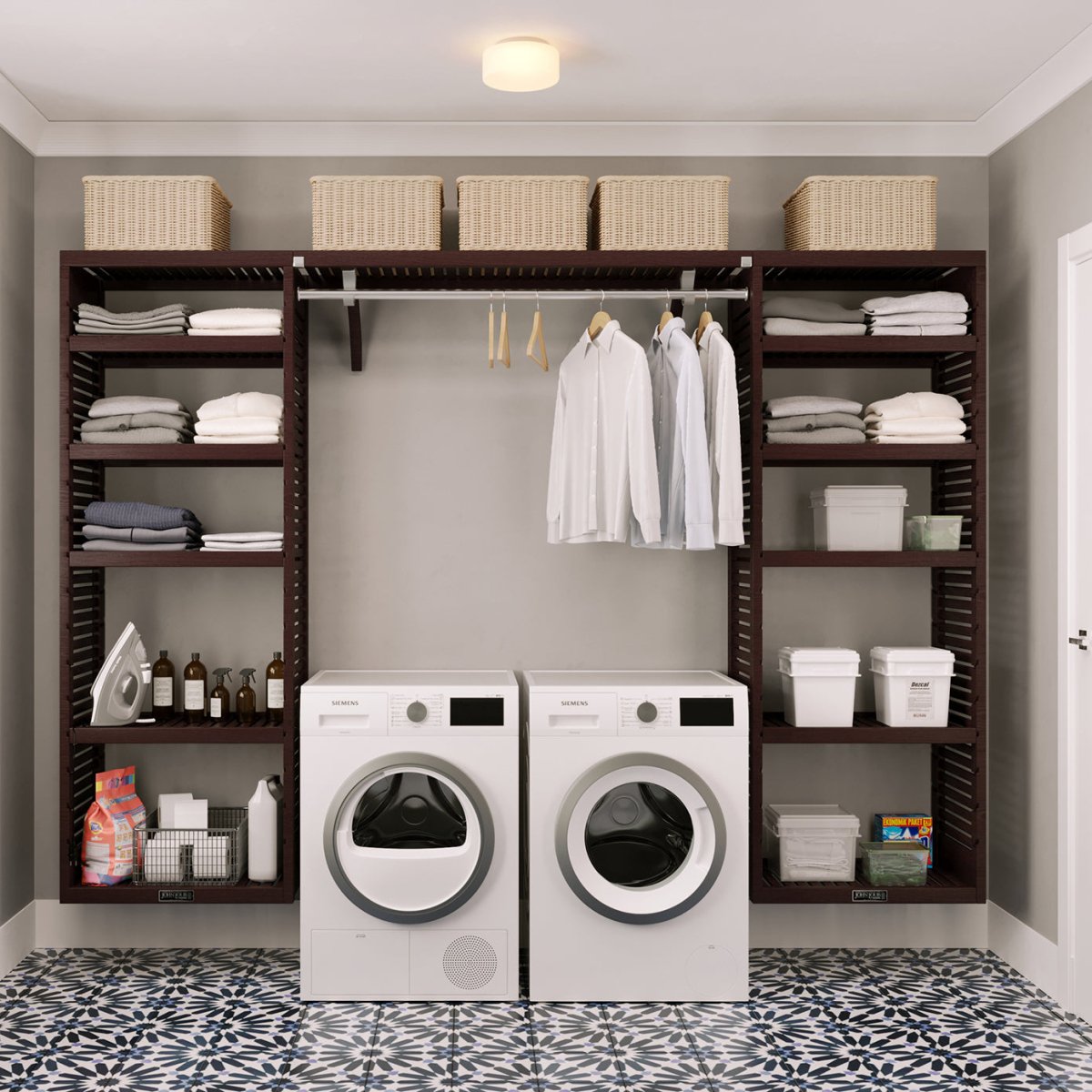 Solid Wood 10 ft. Laundry Organizer with Shelf Towers and Hanging - John Louis Home - Laundry Organizer