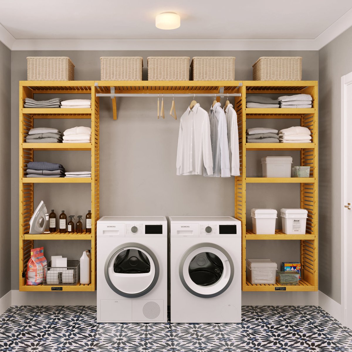 Solid Wood 10 ft. Laundry Organizer with Shelf Towers and Hanging - John Louis Home - Laundry Organizer