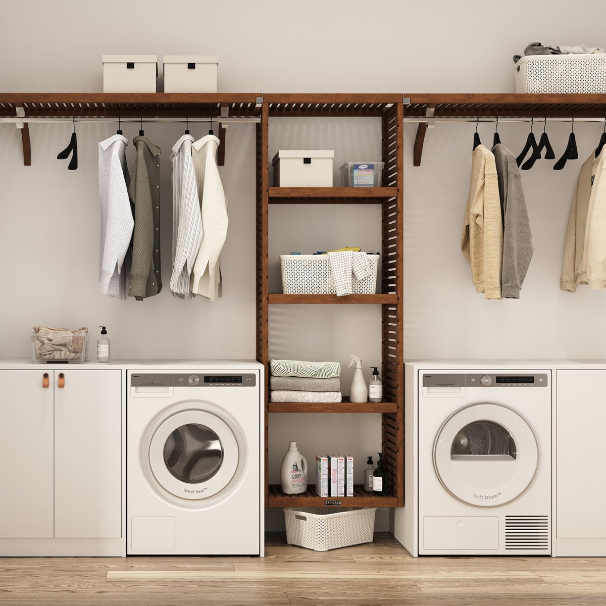 Solid Wood 10 ft. Laundry Organizer with Shelves and Hanging - John Louis Home - Laundry Organizer
