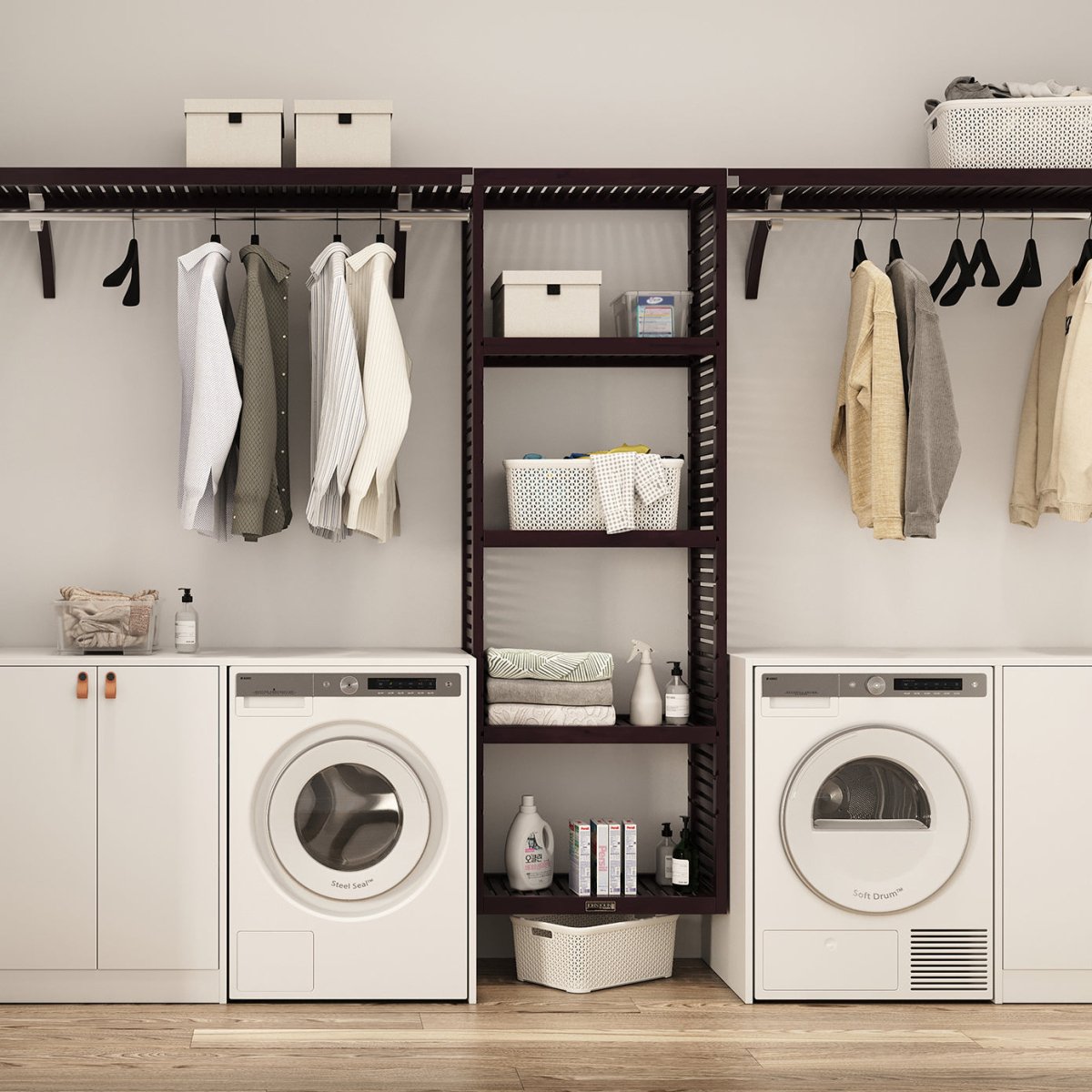 Solid Wood 10 ft. Laundry Organizer with Shelves and Hanging - John Louis Home - Laundry Organizer