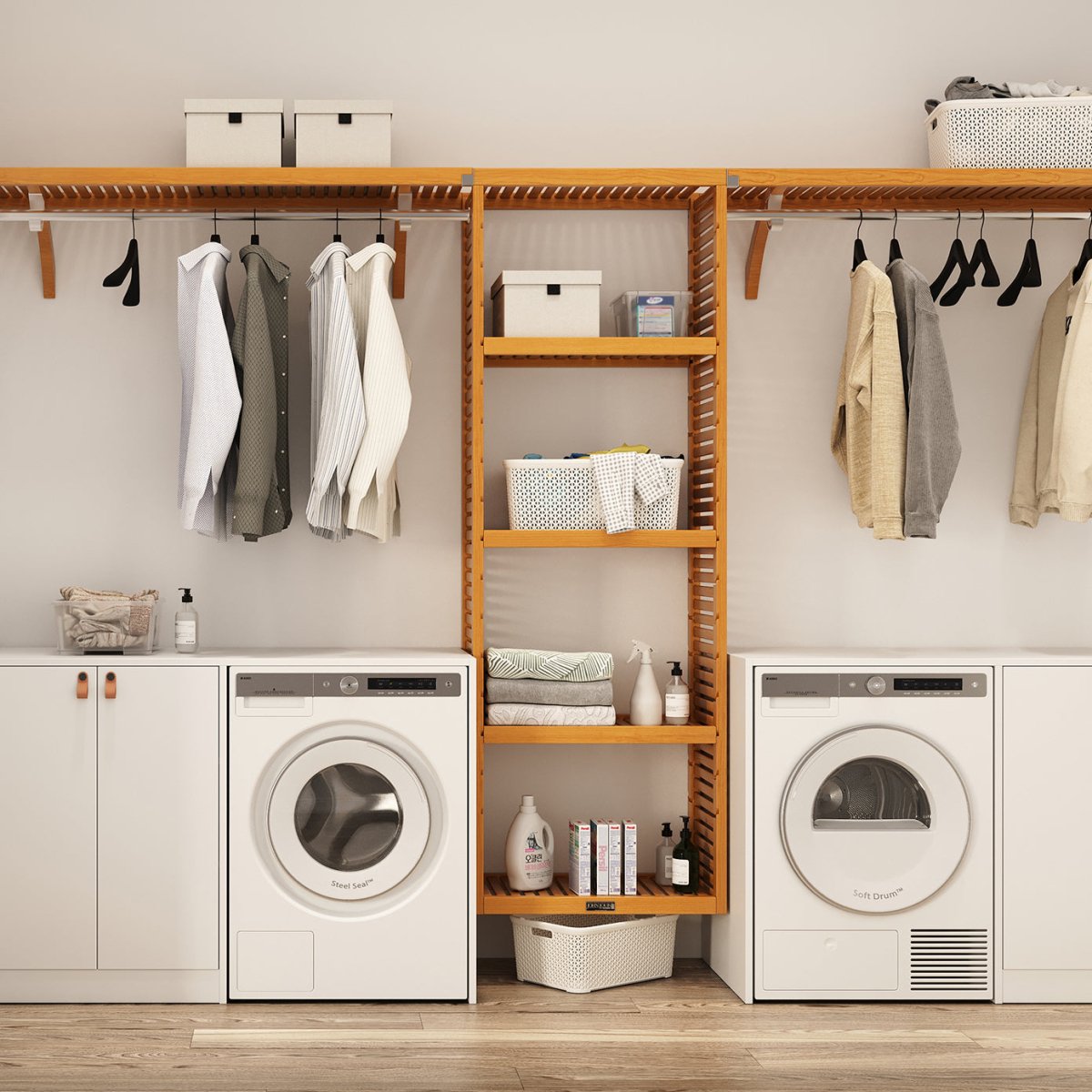 Solid Wood 10 ft. Laundry Organizer with Shelves and Hanging - John Louis Home - Laundry Organizer