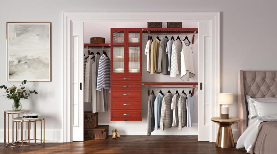 red mahogany reach in closet design with modern drawer and door style