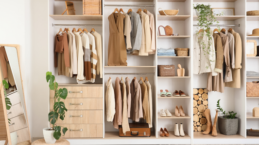 Closet organizer system with shelves and hanging storage