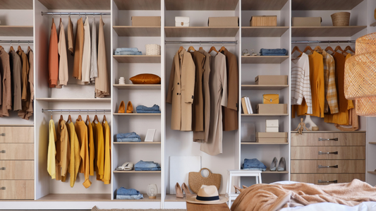Closet organizer with towers, drawers, shelves, and hanging space