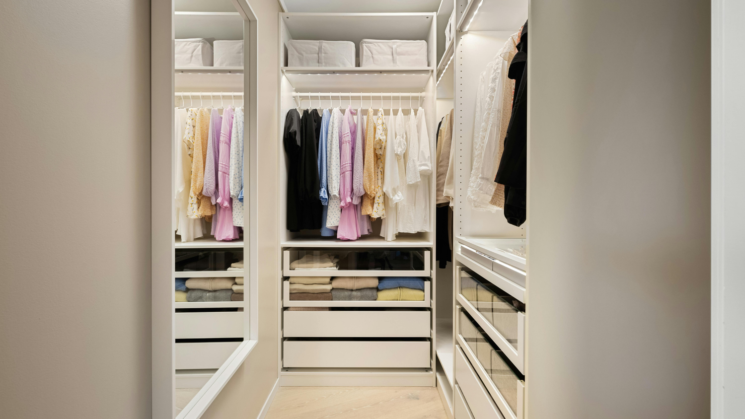 DIY closet system with hanging clothes and drawers