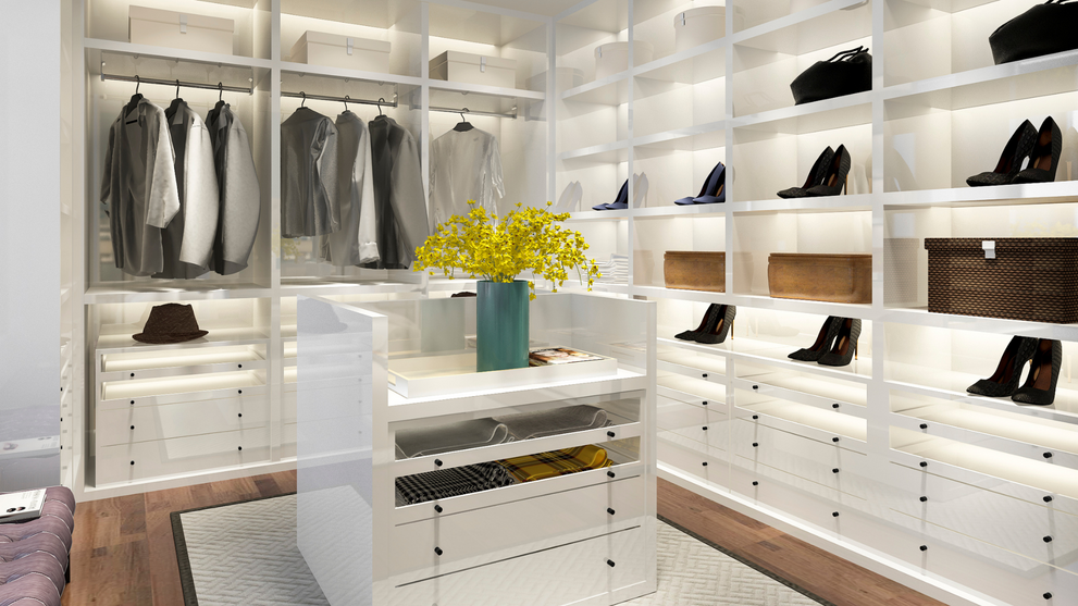 Walk-in closet organizer system with shelving and drawers