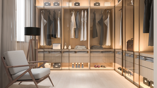 Walk-in closet organizer system with shelving and hanging storage