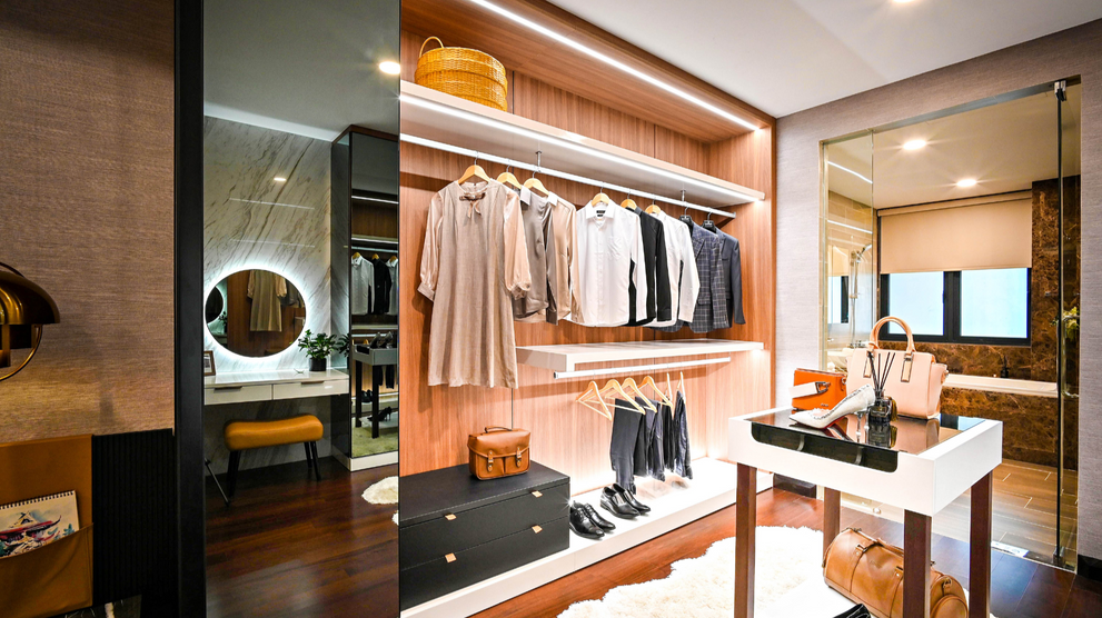 Walk-in closet with wood organizer system