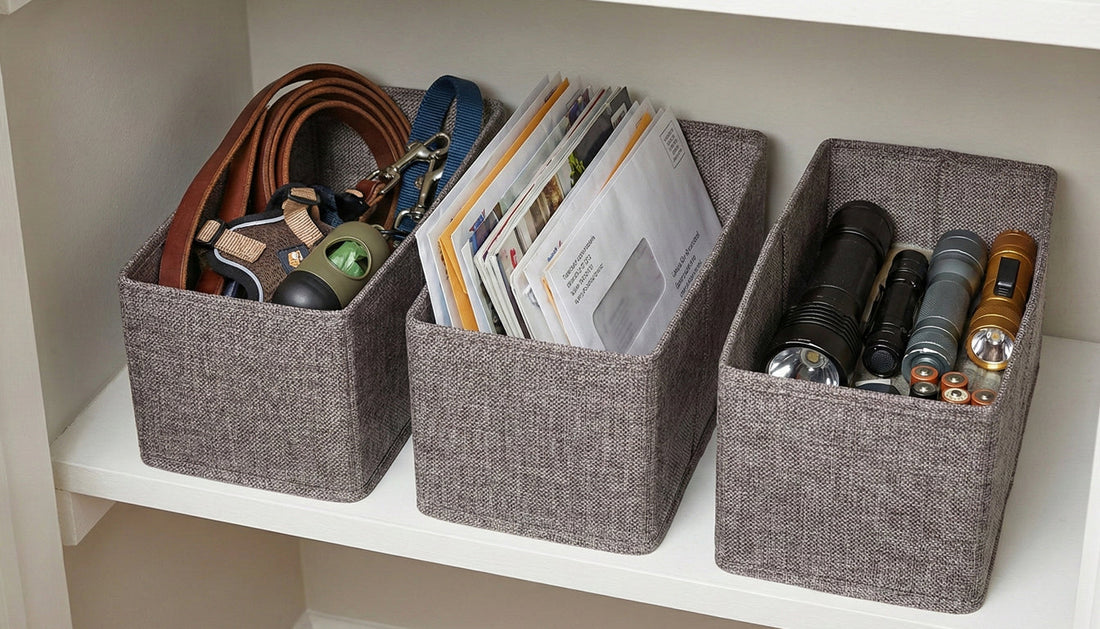 Three gray storage bins on a shelf with various items including a leather belt, keys, and books.