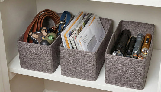 Three gray storage bins on a shelf with various items including a leather belt, keys, and books.