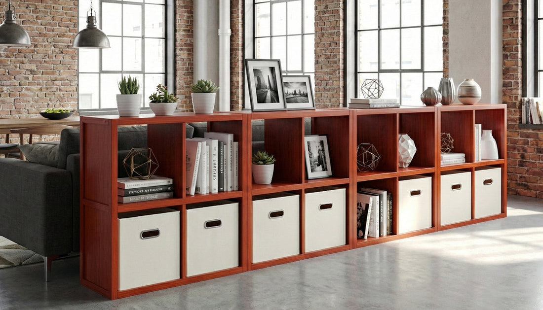 Red cubes used as room divider with white bins in a brick walled loft