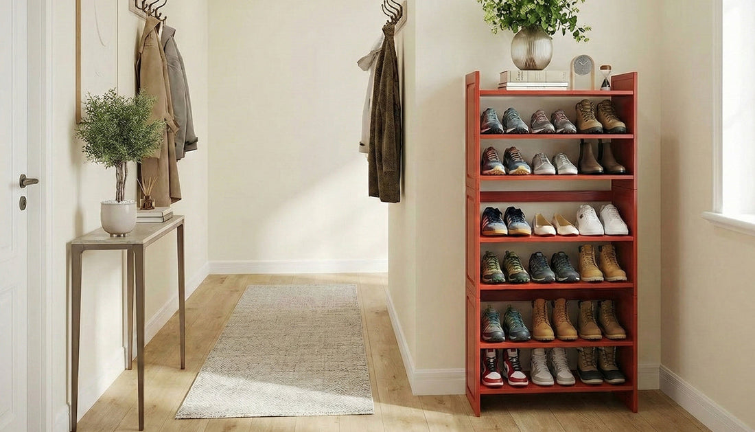 Wood shoe rack with shoes in a hallway with a table and plants.