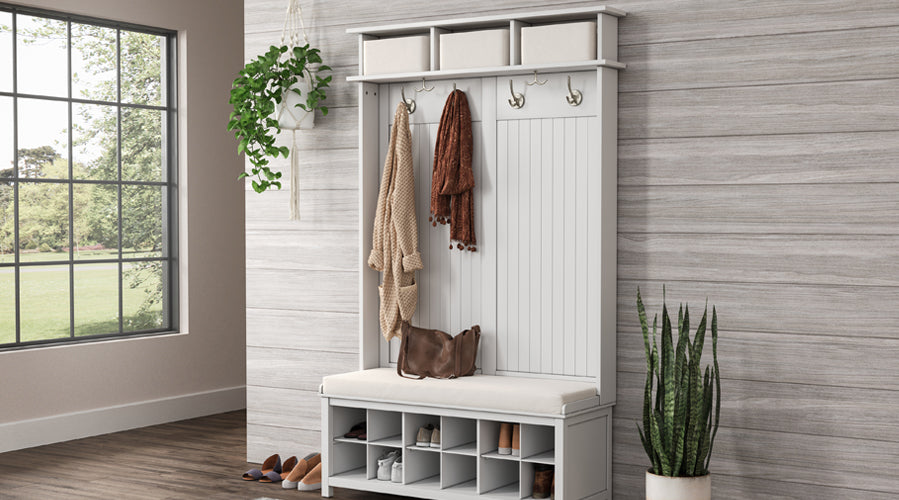 mudroom entryway hall tree shoe bench in modern hallway