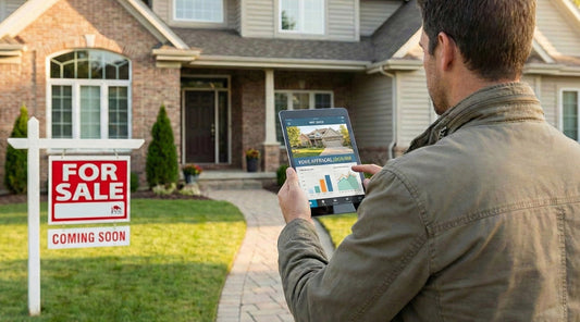 Man using a tablet in front of a house with a 'For Sale' sign.