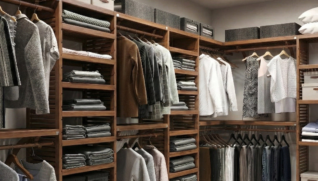 Closet with wooden shelves and hanging clothes
