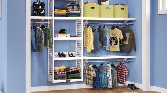 kids closet with white double hang closet organizer