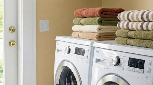 Stack of folded towels on a washing machine with a beige wall in the background