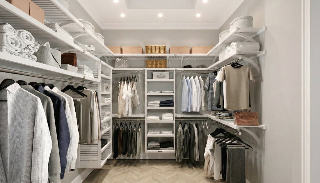 Modern walk-in closet with organized shelves and clothing racks.