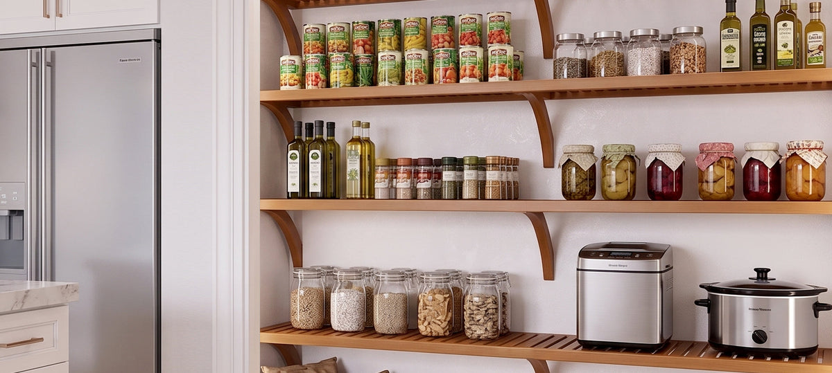 A kitchen pantry with wood shelves stocked with canned goods, jars, bottles, and countertop appliances