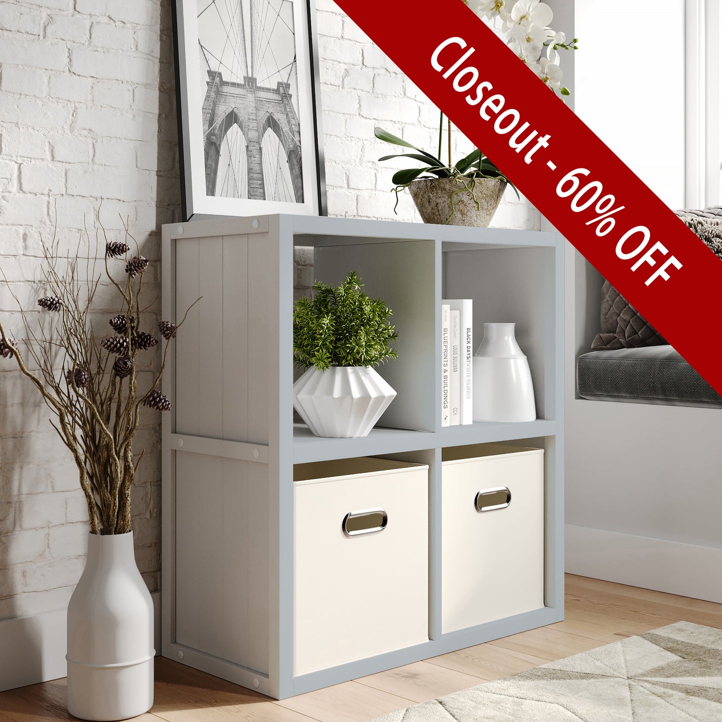 White storage cube shelf with decorative items in a room setting, with a 'Closeout - 60% OFF' banner.