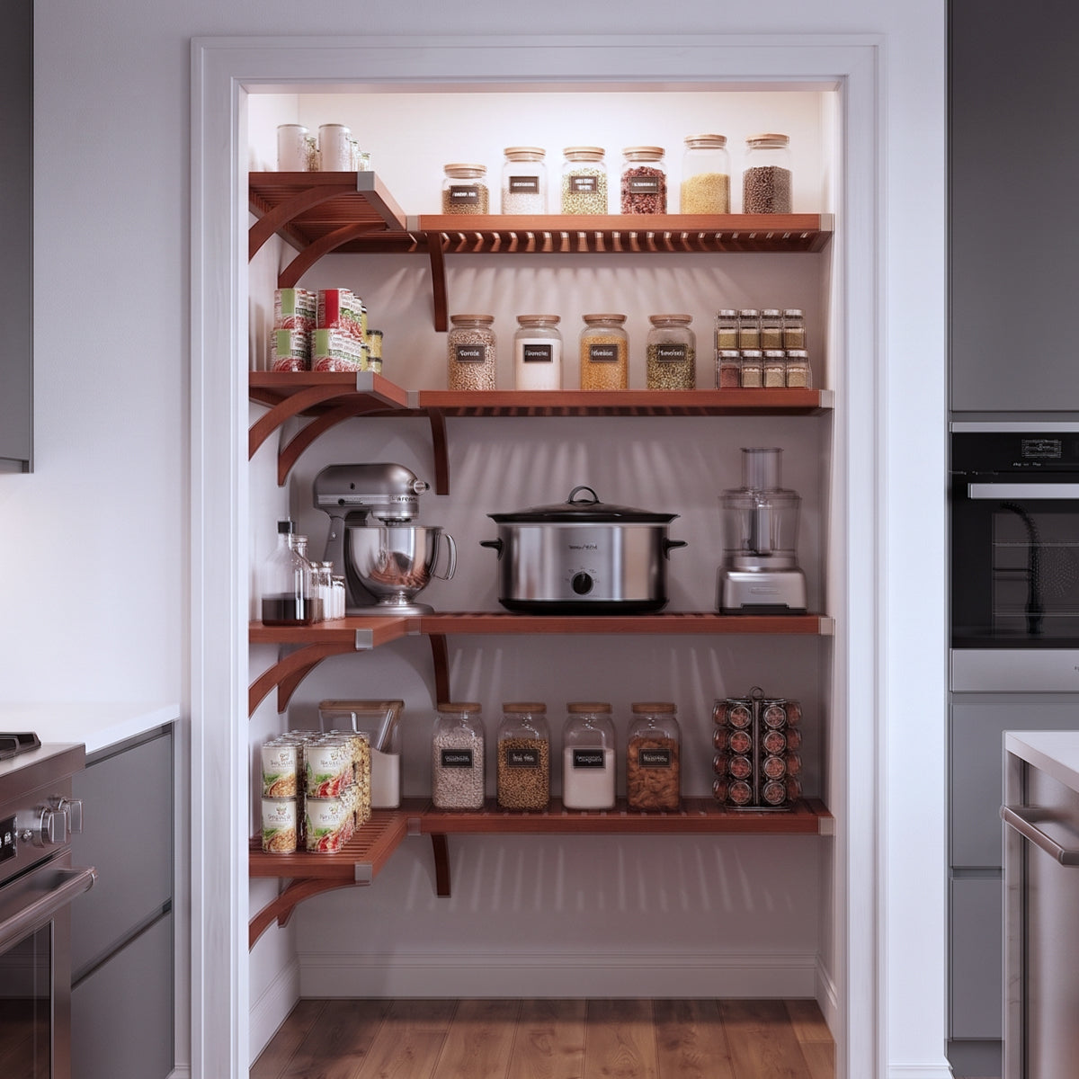 A small L shaped walk-in pantry with four levels of red mahogany solid wood shelving filled with grocery items.