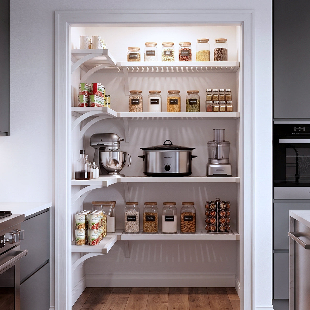 A small L shaped walk-in pantry with four levels of white solid wood shelving filled with grocery items.