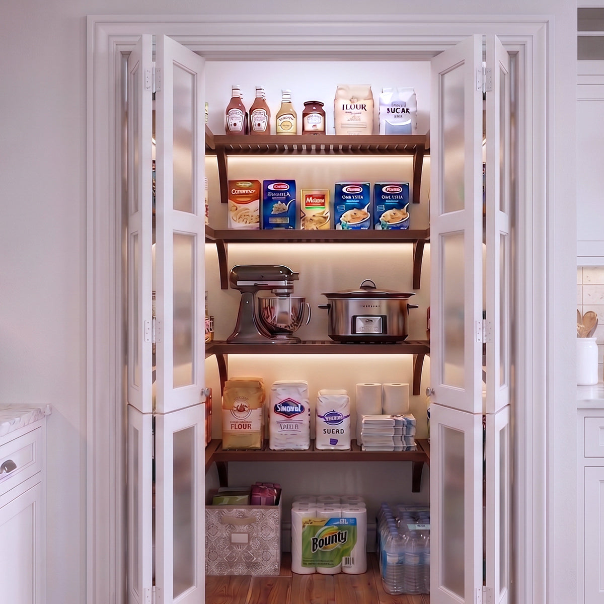 A small U shaped walk-in pantry with four levels of chestnut solid wood shelving filled with grocery items.