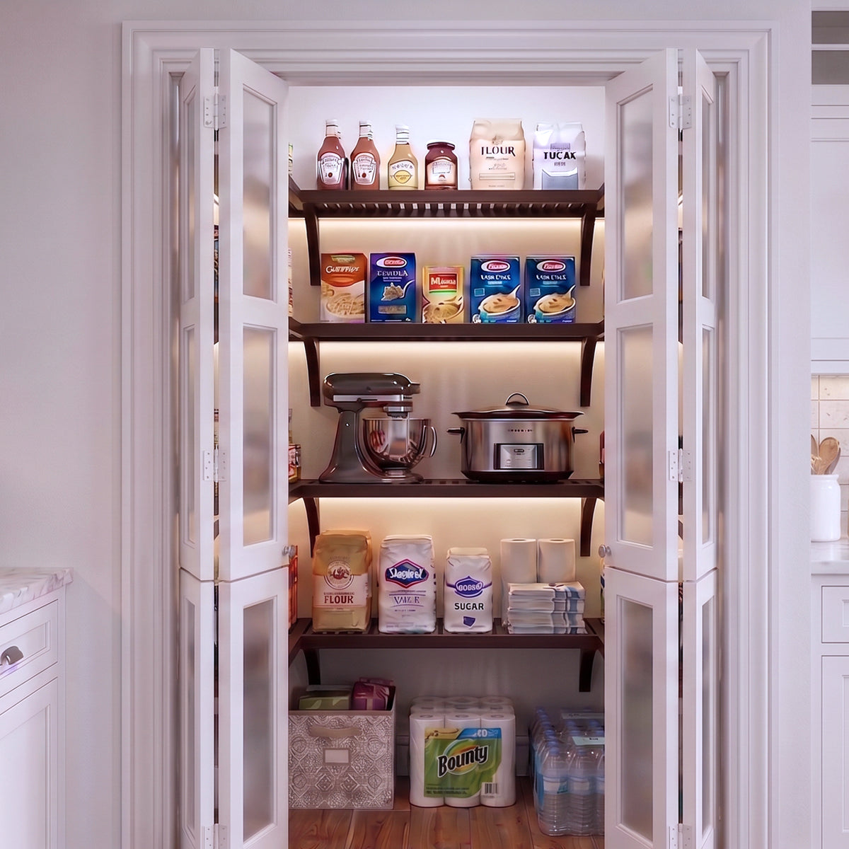 A small U shaped walk-in pantry with four levels of espresso solid wood shelving filled with grocery items.