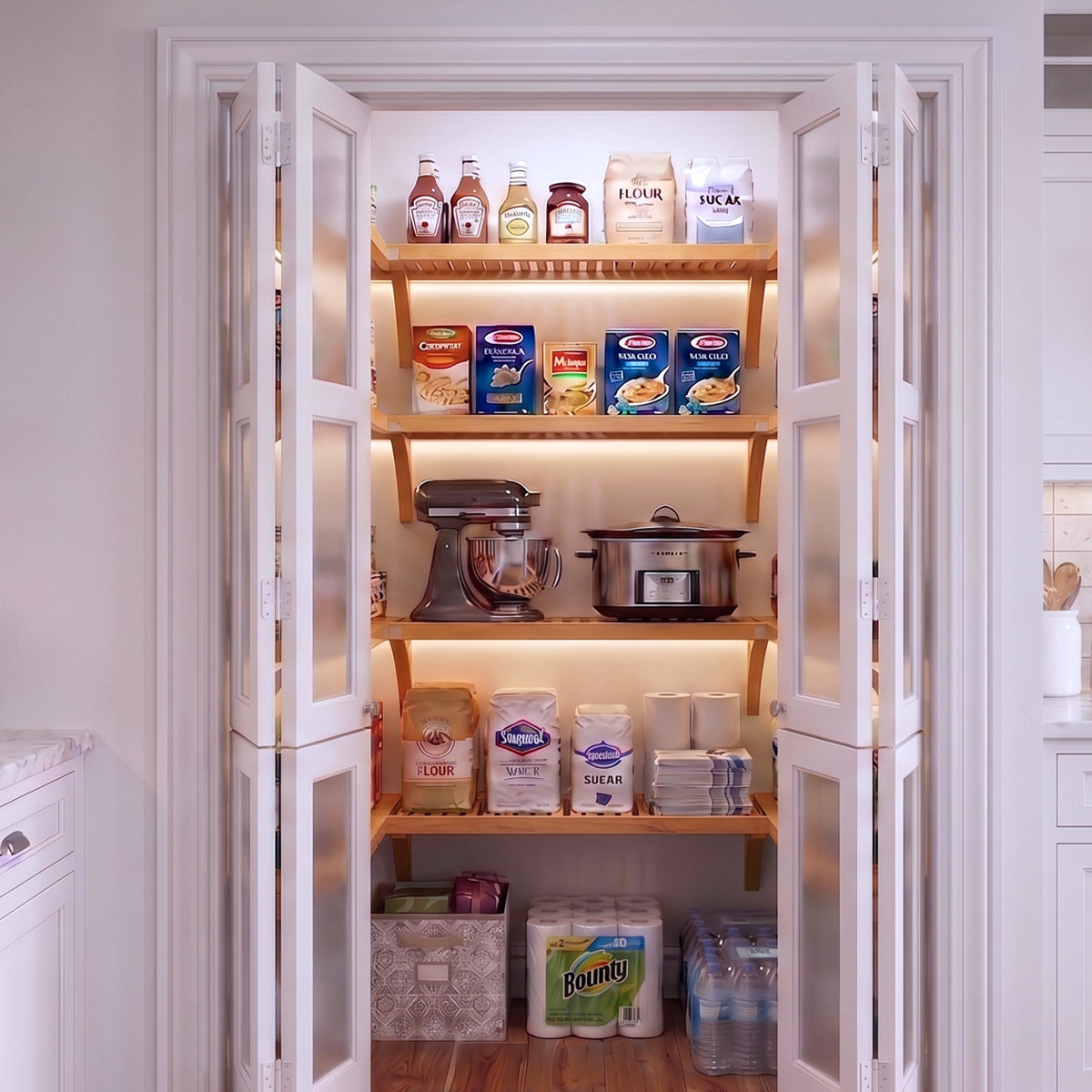A small U shaped walk-in pantry with four levels of honey maple solid wood shelving filled with grocery items.
