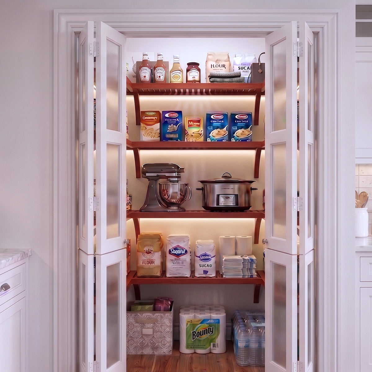 A small U shaped walk-in pantry with four levels of red mahogany solid wood shelving filled with grocery items.