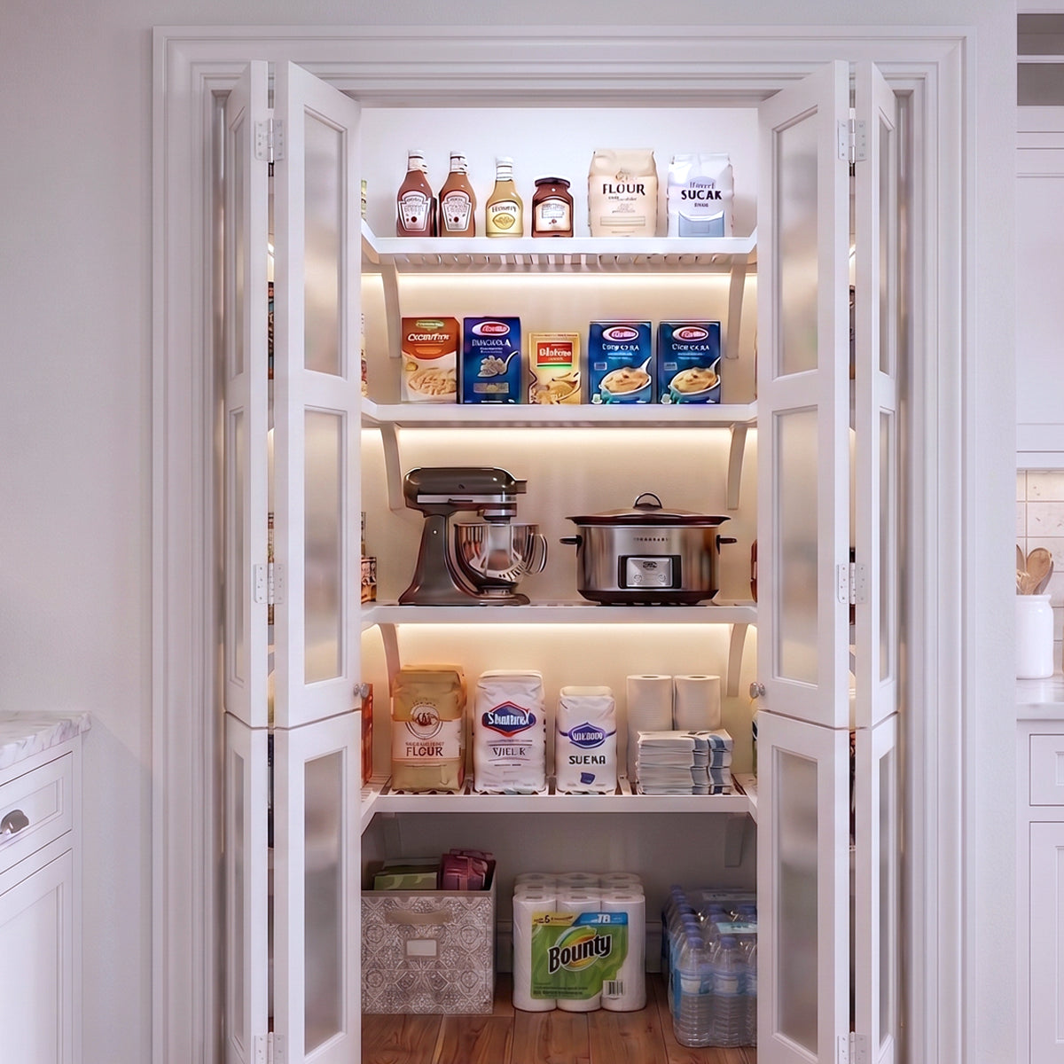 A small U shaped walk-in pantry with four levels of white solid wood shelving filled with grocery items.