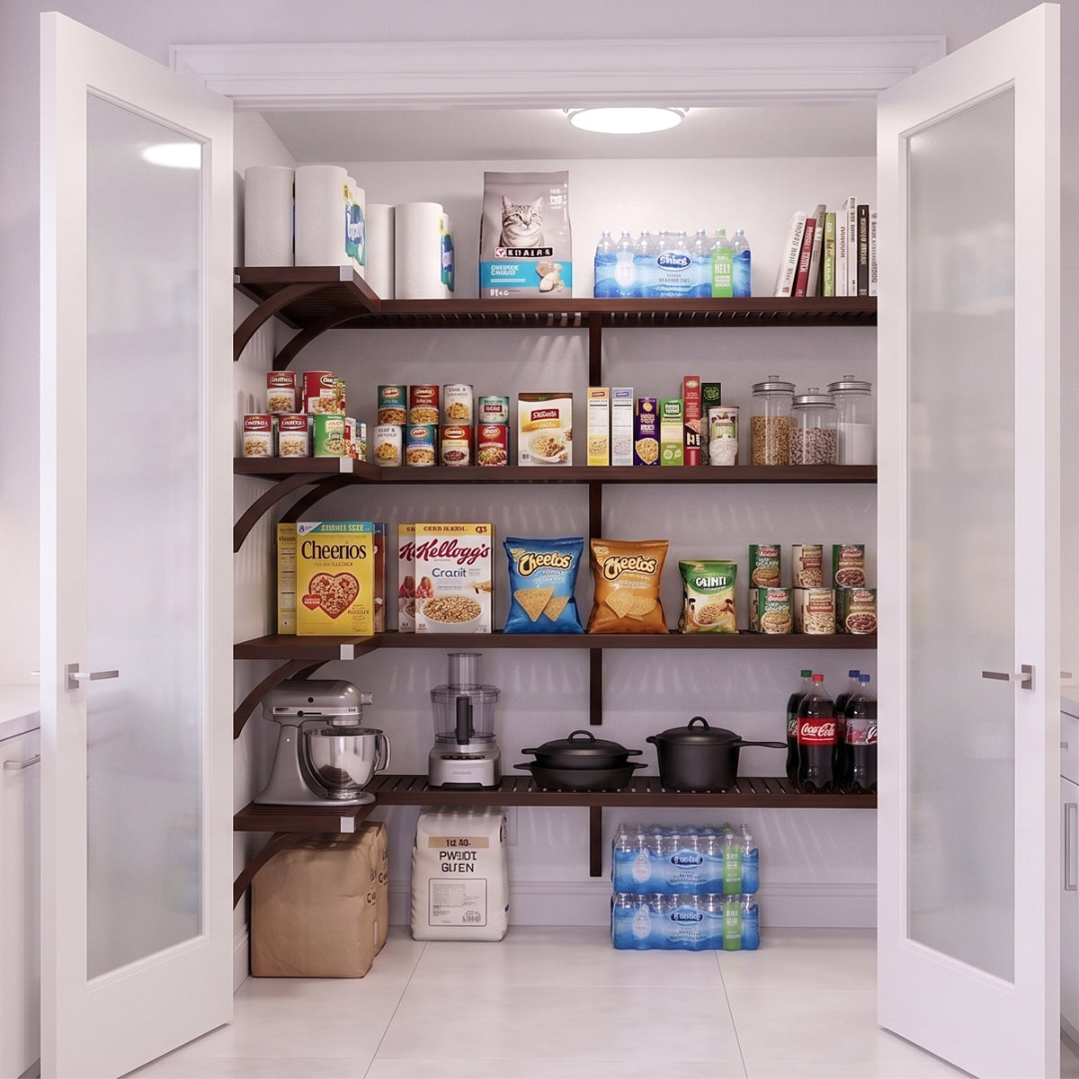 An organized L shaped walk-in pantry with 4 levels of espresso solid wood shelving and frosted glass doors stocked with grocery items.