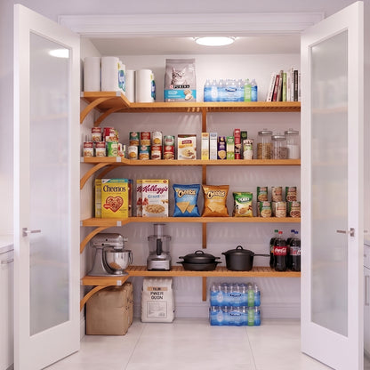 An organized L shaped walk-in pantry with 4 levels of honey maple solid wood shelving and frosted glass doors stocked with grocery items.