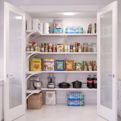 An organized L shaped walk-in pantry with 4 levels of white solid wood shelving and frosted glass doors stocked with grocery items.